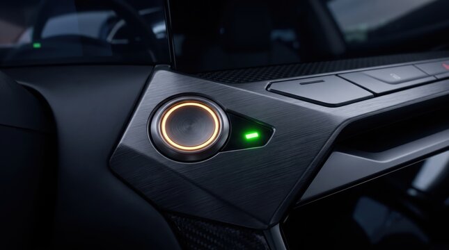 Close-up of modern car interior dashboard featuring illuminated start button and green indicator light, showcasing automotive technology and luxury vehicle design details.