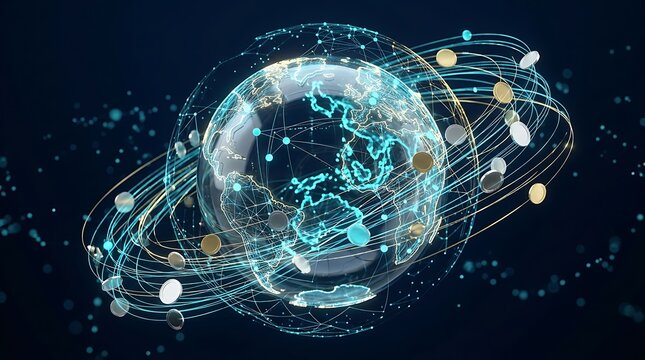Abstract digital globe composed of glowing particles and interconnected data lines with orbiting metallic coins technology connection communication currency orbiting
