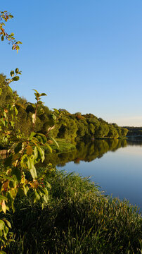 An autumn park with trees is reflected in the calm landscape by the lake.