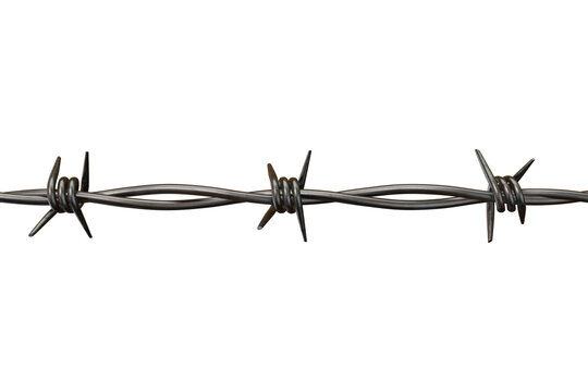 Horizontal strand of sharp metal barbed wire against dark background