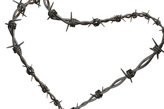 Heart shape formed by twisted metal barbed wire on dark background