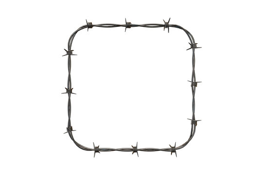 Rectangular frame made of metallic barbed wire on dark background