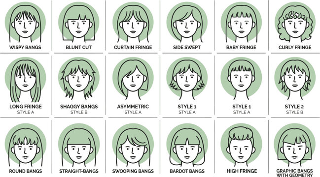 Minimalist female hair bangs guide, 18 line art icons of fringe hairstyles, modern beauty salon infographic with wispy and blunt cuts