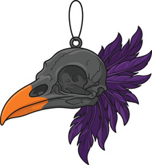 Fototapeta premium Illustration of a raven skull ornament with purple feathers and an orange beak.