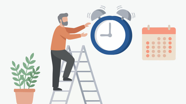Man on ladder reaching for ringing alarm clock and calendar for time management