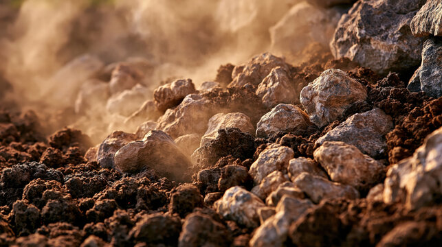 Loose limestone rubble and packed soil close up view of rough stone on dusty ground with warm light
