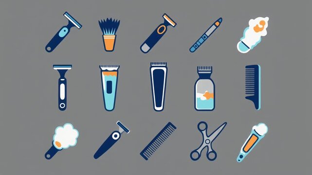 Collection of barbershop and shaving icons featuring razors, scissors, combs, brushes, and cosmetic products on a grey background