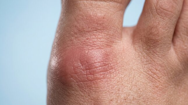 Macro view of swollen red knuckle on hand indicating joint inflammation