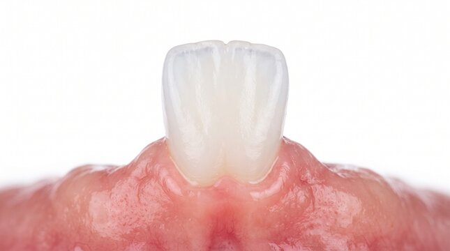 Dental macro view of front incisor tooth emerging from healthy pink gum tissue on white background