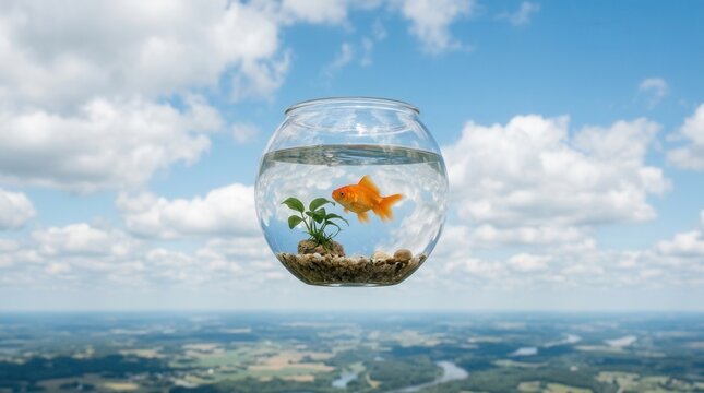 Goldfish in a Bowl Floating Above a Scenic Landscape