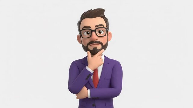3D cartoon businessman with glasses thinking and looking up, isolated on a white background, representing contemplation and problem-solving.