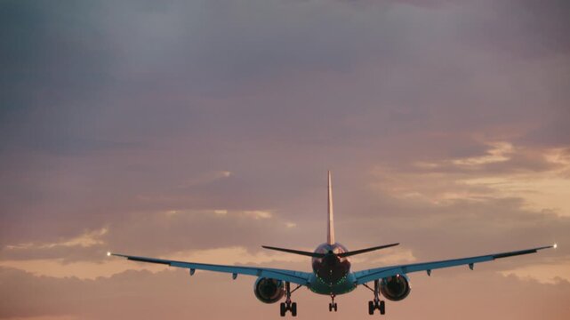 Passenger airplane lands on an airport runway. Jet airliner landing on runway with tire smoke rising at touchdown