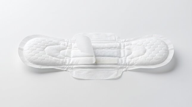 White absorbent sanitary pad for feminine hygiene and menstrual period protection with wings on a plain white background personal care product