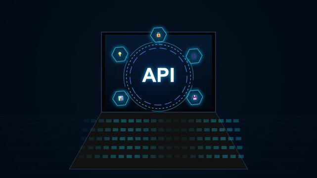 Digital interface representing API application programming interface with futuristic networking and software development icons on a dark blue technology background