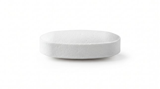 Macro shot of a single, smooth, white oval pharmaceutical pill or medication tablet presented on a clean white background, symbolizing health, wellness, and medical treatment