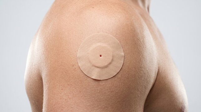 Close up of round adhesive bandage on man's shoulder after vaccination
