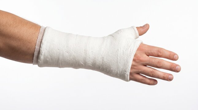 Human Hand Wearing A Protective Orthopedic White Plaster Cast For Recovery After A Wrist Injury And Broken Bone Fracture Medical Treatment