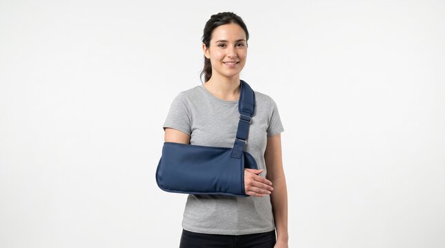 Young woman wearing an arm sling for injury recovery and orthopedic support standing against white background