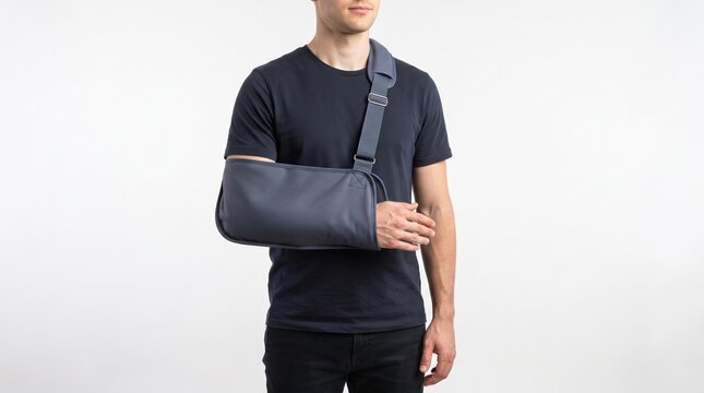 Young man wearing a medical arm sling for support and recovery from a shoulder or elbow injury against a clean neutral studio backdrop