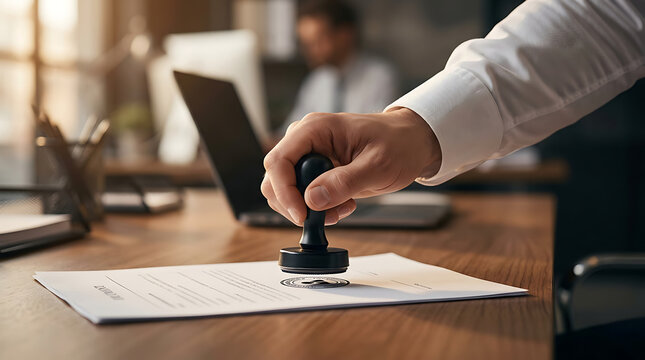 Business professional stamping official document with seal in modern office setting