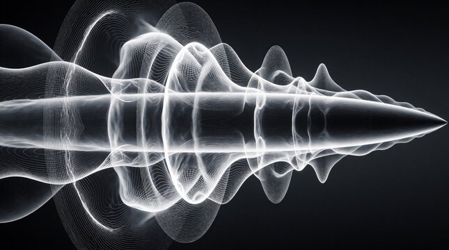 Abstract monochrome visual shows energy wave pattern. Dynamic motion simulation depicts propagation effect, scientific research, physics concepts. Digital art graphic design.