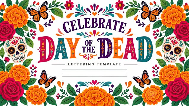 Colorful Day of the Dead lettering template surrounded by marigolds, roses, butterflies, sugar skulls, and botanical decorations.
