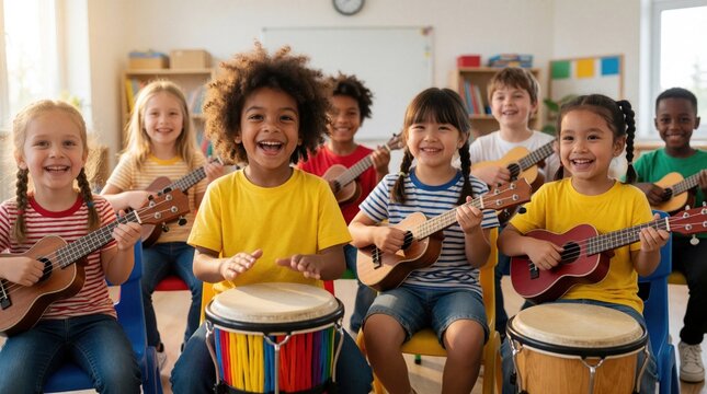 Diverse children play musical instruments together in a bright classroom. Kids joyfully strum ukuleles and beat drums, learning music, developing skills, and having fun. They create a happy band.
