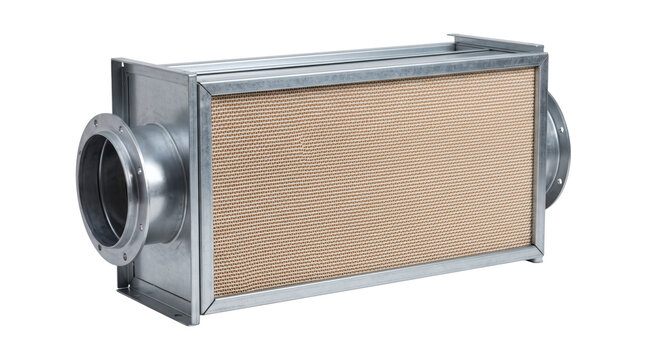 Rectangular industrial HVAC ventilation duct filter on transparent background, galvanized steel air duct housing with pleated particulate filter mesh. Cleanroom hardware delivers purification.