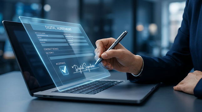 Digital agreement signing with stylus on futuristic holographic interface over laptop