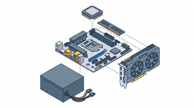 Computer Motherboard with CPU Memory and Graphics Card Components