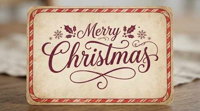 Vintage style merry christmas card with ornate calligraphy and festive ribbon border