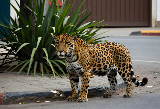 Wildlife conservation and habitat loss, jaguar standing on urban street near ornamental plants human encroachment into wild animal territory