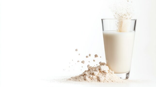 Protein Powder and Milk Shake: A glass of milk with protein powder being added, creating a delicious and healthy drink for fitness enthusiasts.