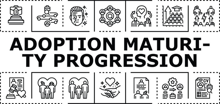 Adoption maturity progression banner infographic. Scale growth, evolution transition, integration capability icon vector illustration