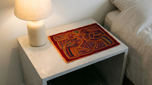 Vintage molas textile with intricate embroidery displayed on minimalist white nightstand in modern living room