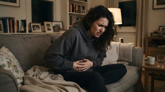 Woman Holding Stomach Discomfort