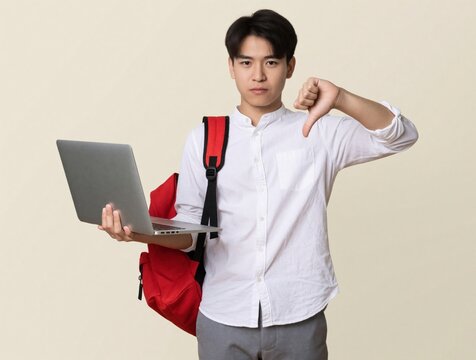 Young Asian man with backpack holds laptop, shows thumbs down. Student unhappy with computer, online class, or school results. Negative feedback.