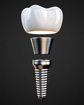 Dental implant system exploded view modern tooth crown abutment titanium screw medical model