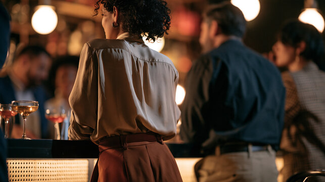 Faceless happy retro friends standing at a bar counter with cocktails in warm vintage lighting, bar social content, festive nightlife branding concept, with copy space