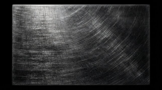 Industrial dark brushed titanium metal texture background with circular scratches and metallic reflection for engineering design.