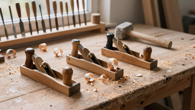 Wooden hand planes and curled shavings on a carpenter workbench