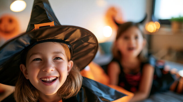 Children in costumes excitedly getting ready for Halloween fun in their bedroom, playful festive preparation moment, with copy space