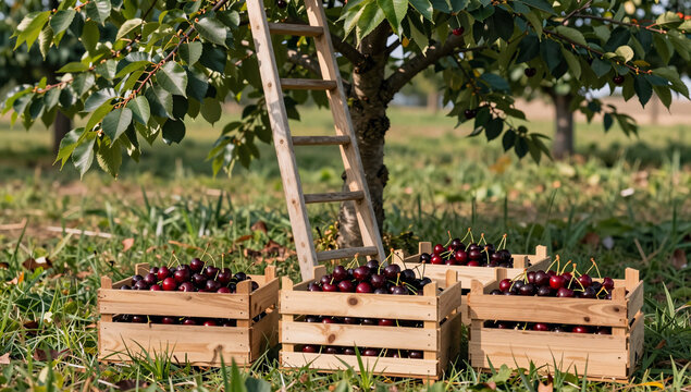 Crates of dark red cherries under a cherry tree with a ladder
