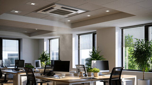 Elegant photo of Air conditioning unit blowing cold air inside a modern office workspace. Perfect for climate control and energy efficiency HVAC business concepts.