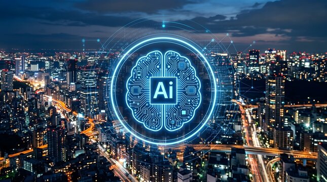 Glowing Blue AI Brain Over Night Cityscape