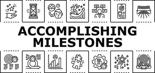 Fototapeta premium Accomplishing milestones banner infographic. Progress results, perseverance goals, strategy dedication icon vector illustration