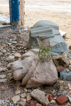 A fallen stone lion head lies among the rubble of the ruined old palace of Haile Selassie, Northern Red Sea, Massawa, Eritrea