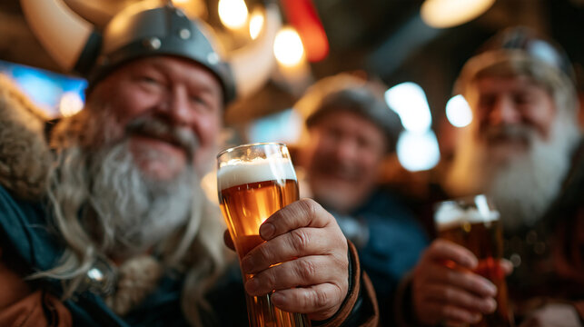 Older men dressed in viking-style costumes celebrating a themed party, drinking beer in a bar, playful historical costume concept, with copy space