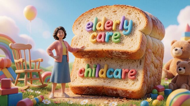 Woman stands near giant bread slices labeled elderly care and childcare, symbolizing sandwich generation pressure. Toys and teddy bears surround her, representing domestic life and multitasking.