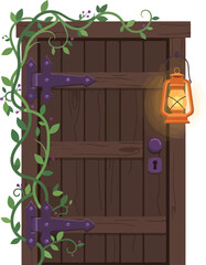 Fototapeta premium A rustic wooden door adorned with climbing vines and a glowing lantern.